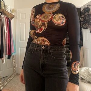 Desigual Black bodysuit with Multicolor Swirl Patterns